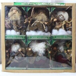 Vtg Woodland Santa Figurines Set of 6 w/ Original Box Rustic Christmas Decor